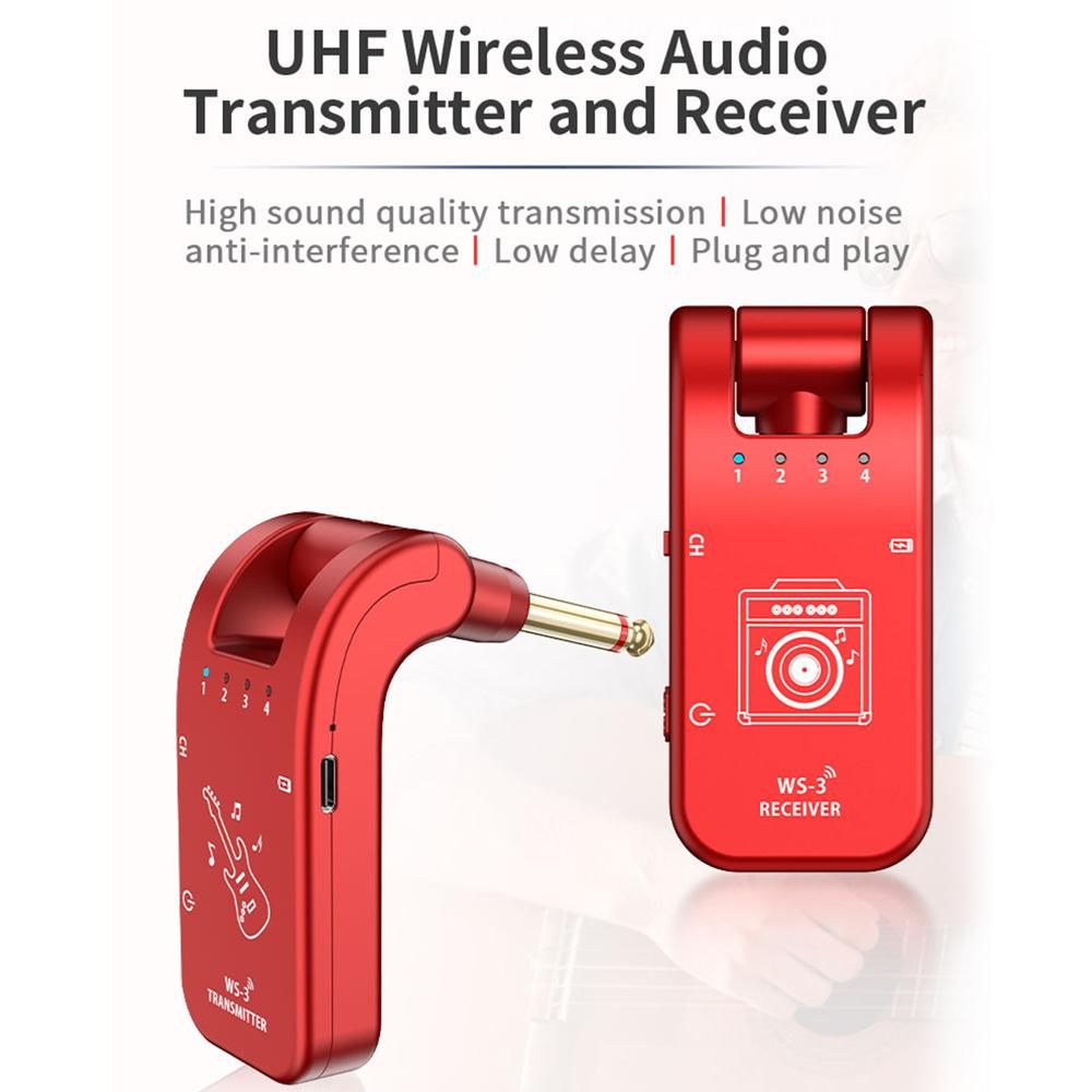 UHF 4 Channels Wireless Guitar System Transmitter and Receiver 800MHz-900MHz Plug and Play 282-degree Rotation 6.35mm Audio Interface Electric Music Instrument System