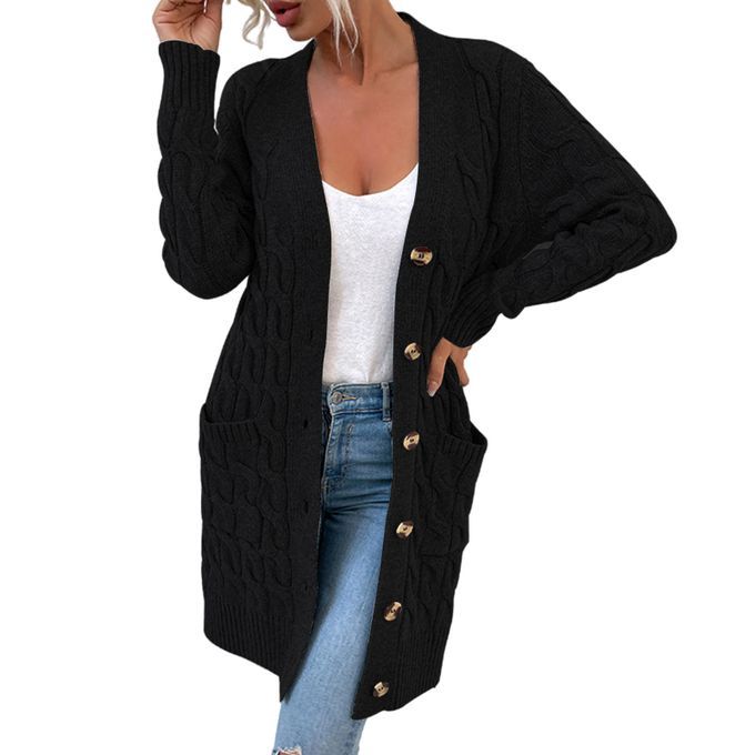 Women Sweater Knit Long Sleeves Cardigan Open Front Sweater Black L