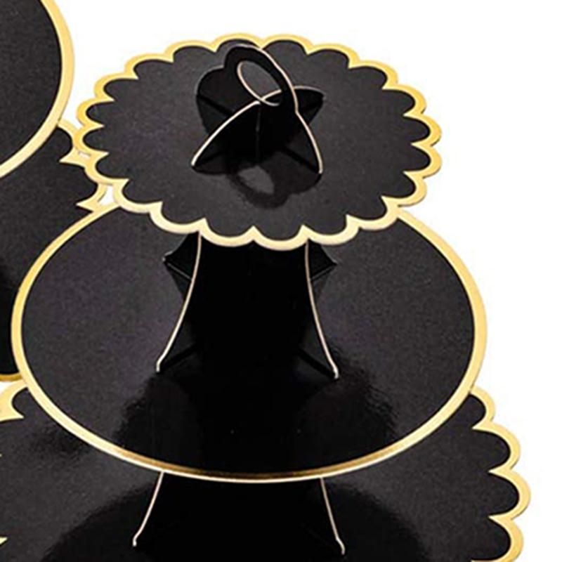 2Pcs Cardboard Cupcake Holder 3 Layers Black  Gold Edge)