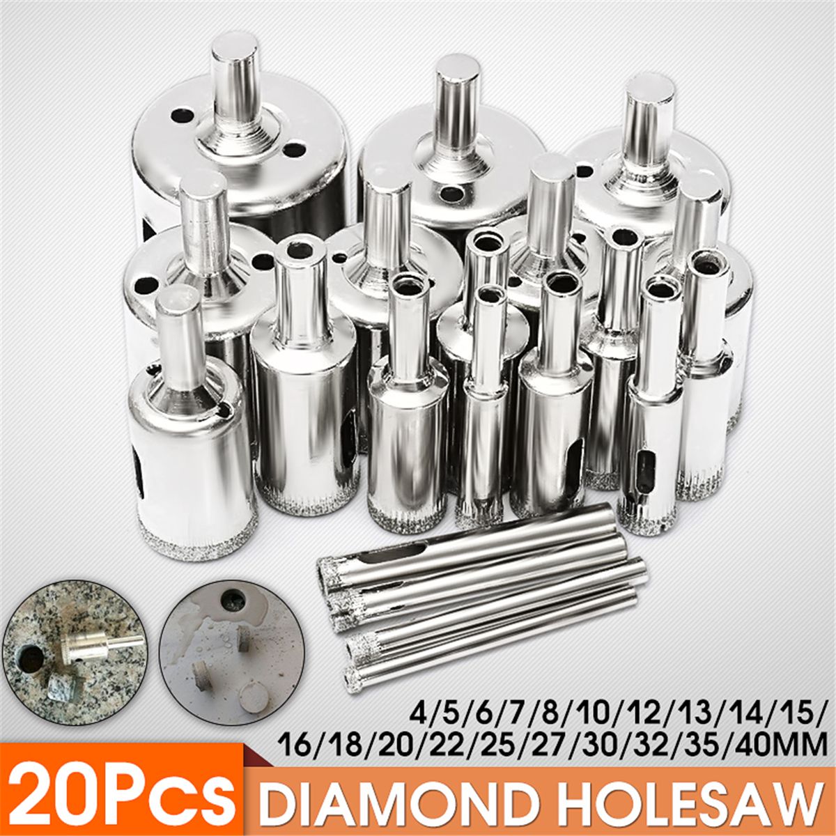 20PCS 4-40mm Diamond Hole Drill Core Bit F/ Marble Porcelain Glass Granite Tile Set For Glass Ceramic Marble