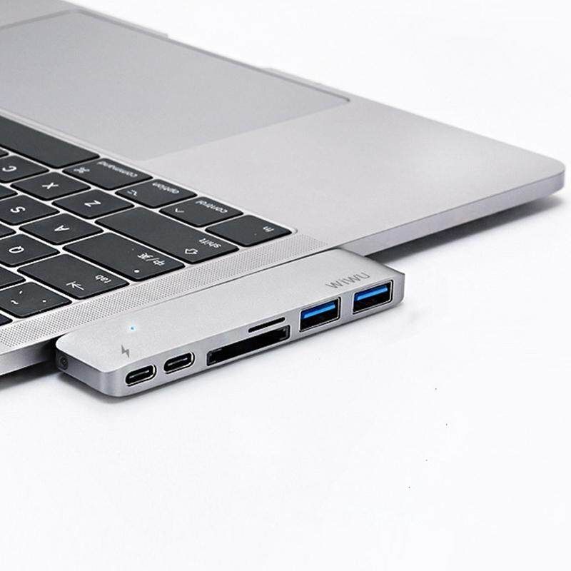 Wiwu H2 6-in-1 Dual Type- To 40Gbps Thunderbolt 3 Type- USB 3.0 SD Micro SD Hub For Macbook Pro Silver (silver)