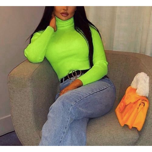 WOMEN'S  PLAIN NEON TURTLE NECK LONG SLEEVE - NEON GREEN