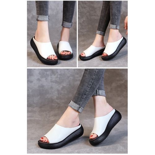 Ladies Newest Flat Fancy Slippers Female Fashion Slope Heel Slippers Casual Slippers Sandals Fish Mouth-Milky White