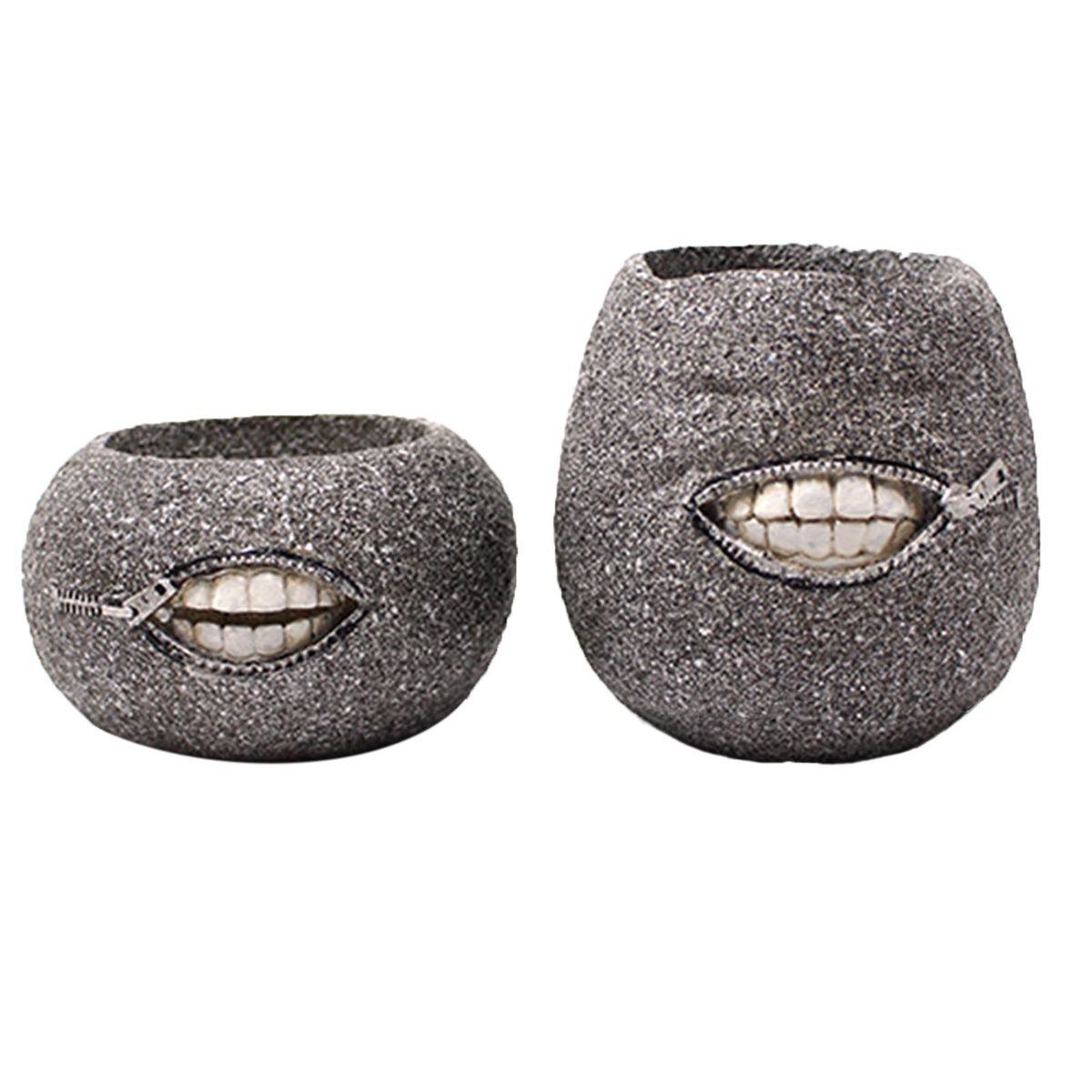 2Pcs Flower Container Novelty Smirk Mouth Flower Pot Desktop Decor Grey
