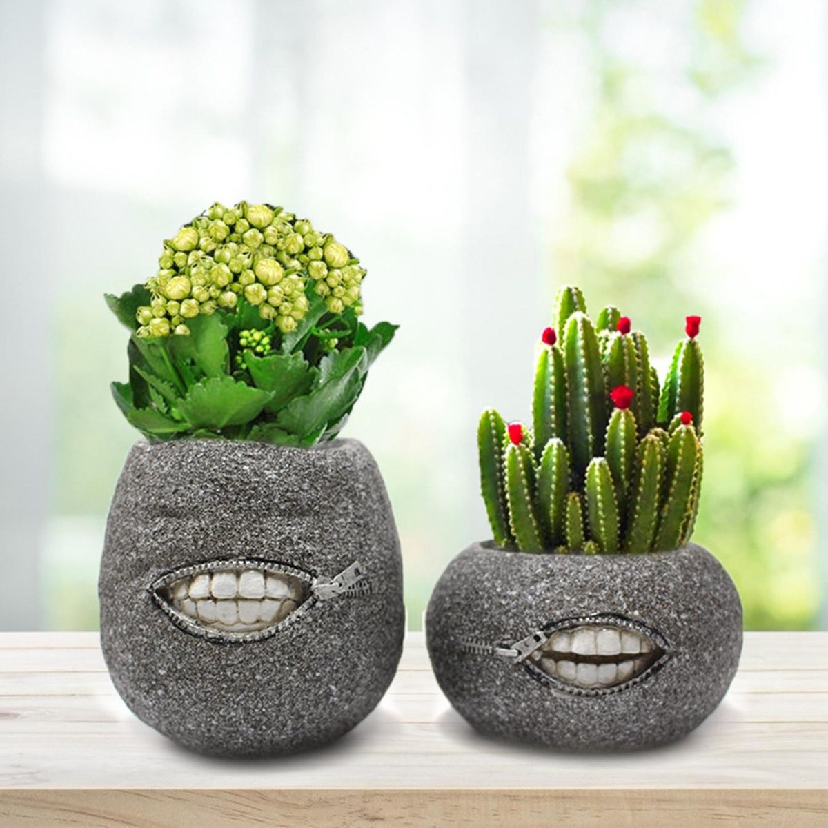 2Pcs Flower Container Novelty Smirk Mouth Flower Pot Desktop Decor Grey