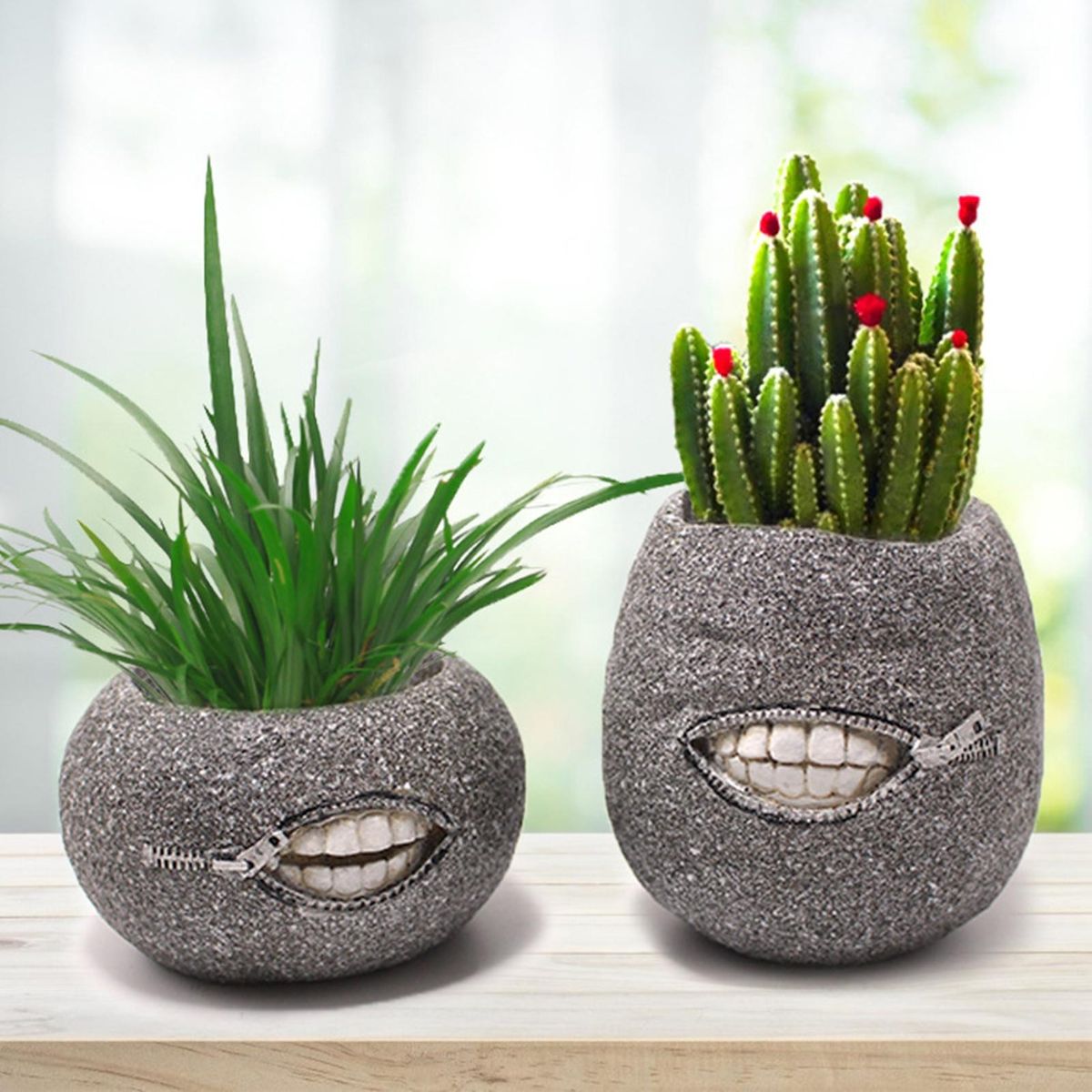 2Pcs Flower Container Novelty Smirk Mouth Flower Pot Desktop Decor Grey