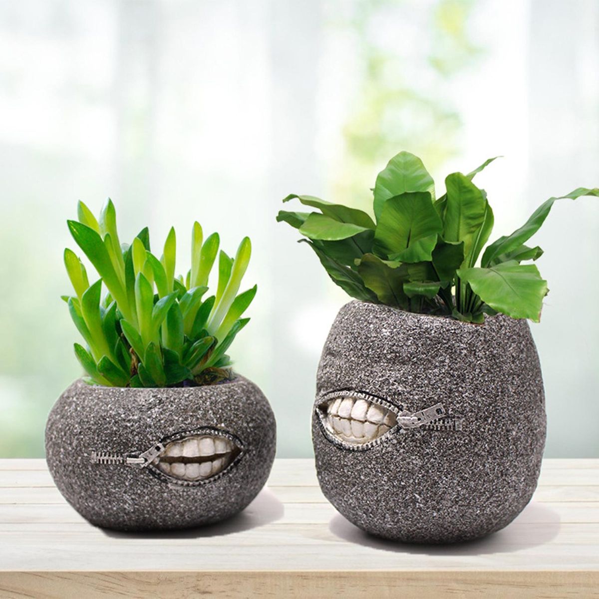 2Pcs Flower Container Novelty Smirk Mouth Flower Pot Desktop Decor Grey