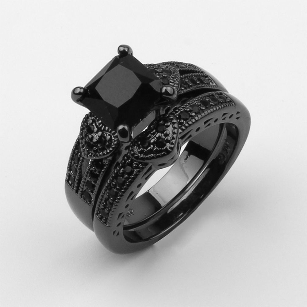 2Pcs/Set Women Men Luxury Black Cubic Zircon Inlaid Finger-