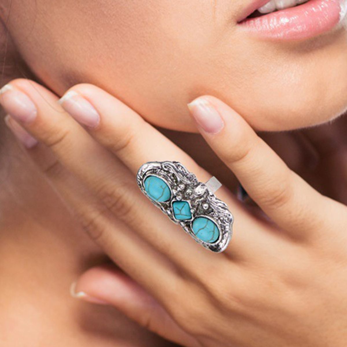 Stone Rings Carved Flower Oval Opening Ring Retro Silver