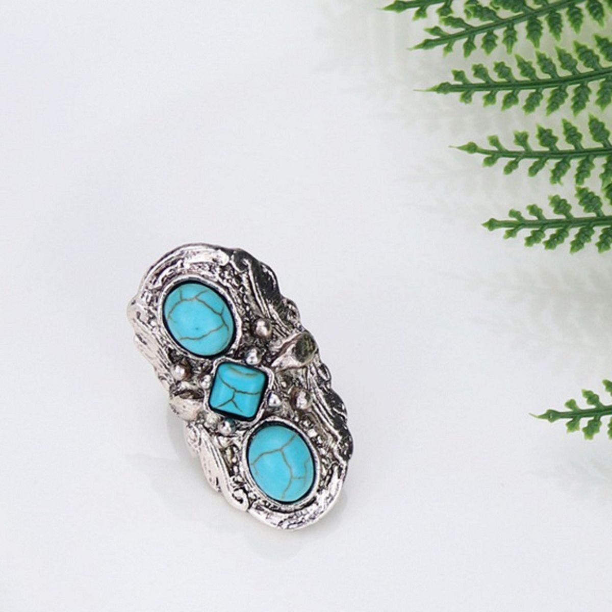 Stone Rings Carved Flower Oval Opening Ring Retro Silver