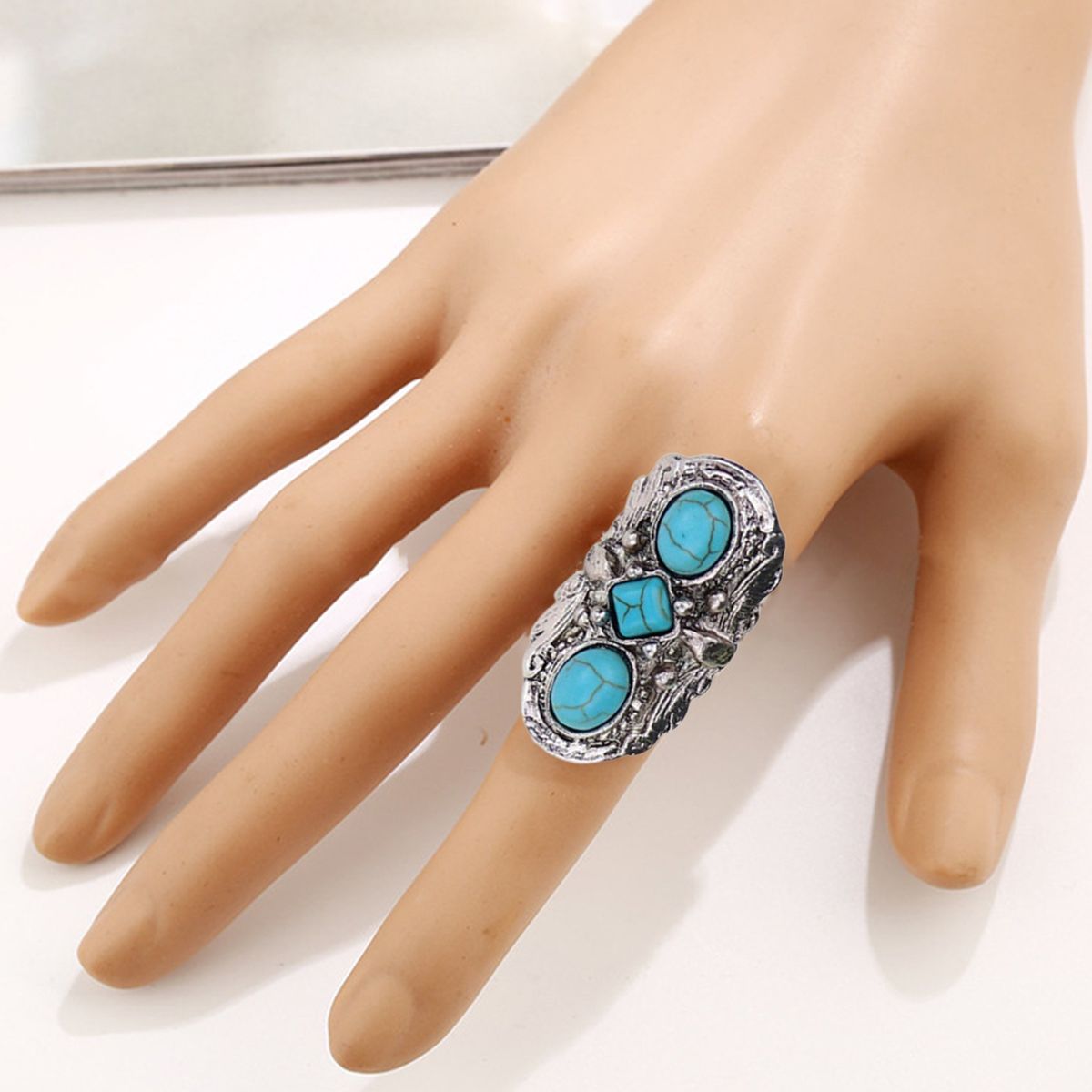 Stone Rings Carved Flower Oval Opening Ring Retro Silver