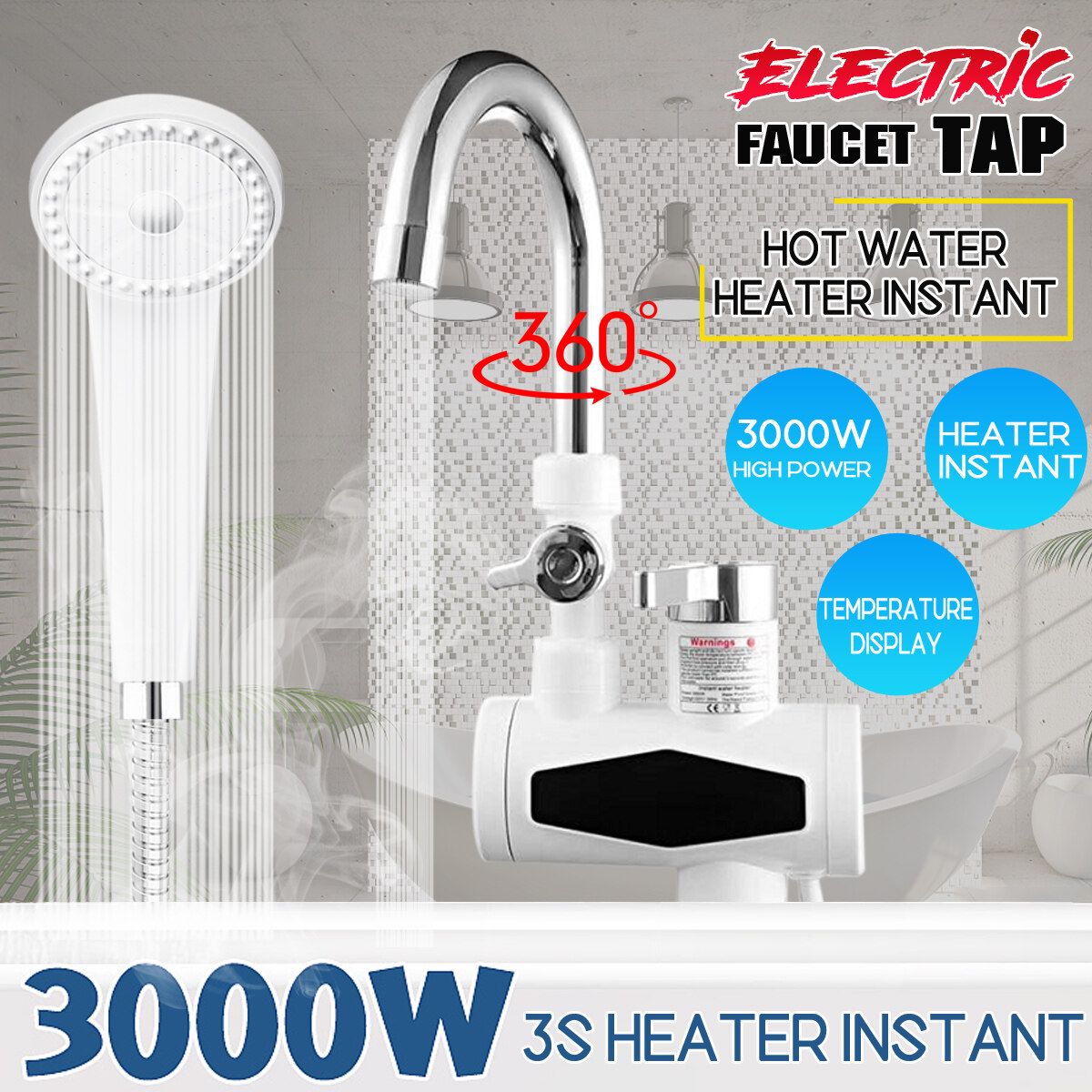 (Hot & Cold) Electric Bar Faucet Tap Hot Instant Water Heater Quick Water Digital Display Lower Inlet Faucet Tap W/ Optional Showerhead For Home Bathroom Kitchen Boat 220V WITH Shower