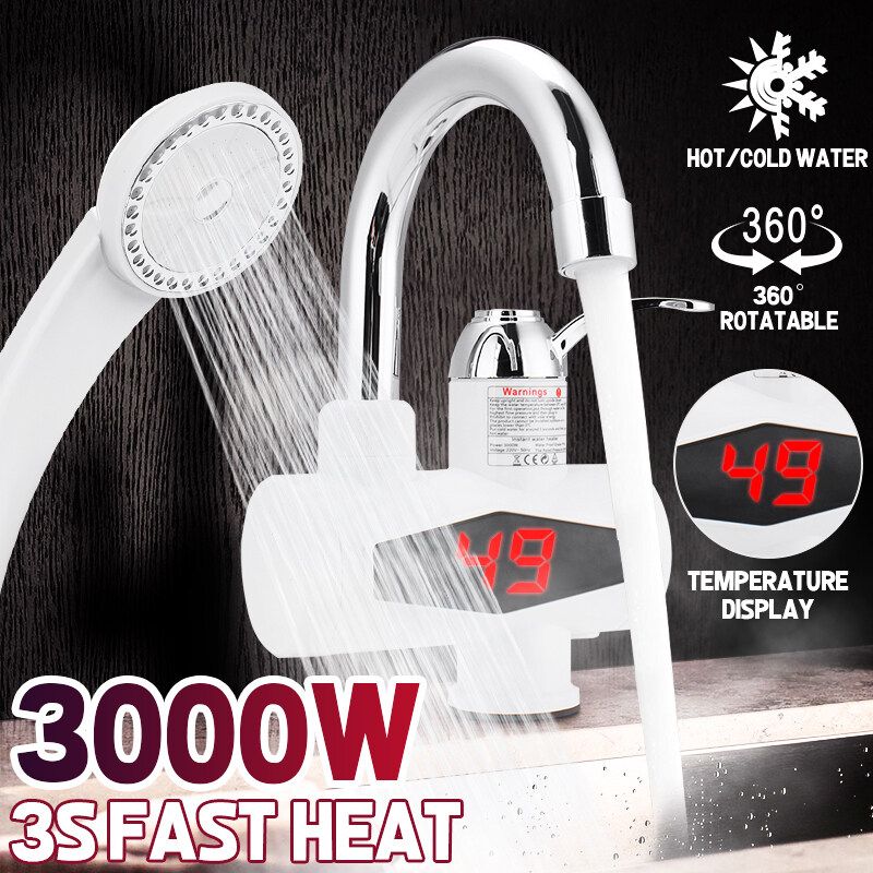 (Hot & Cold) Electric Bar Faucet Tap Hot Instant Water Heater Quick Water Digital Display Lower Inlet Faucet Tap W/ Optional Showerhead For Home Bathroom Kitchen Boat 220V WITH Shower