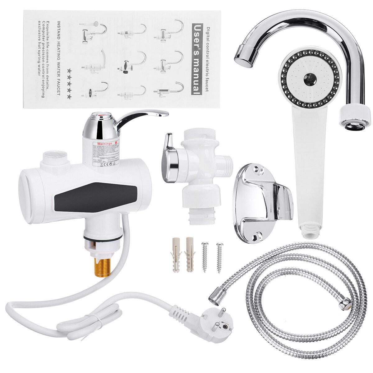(Hot & Cold) Electric Bar Faucet Tap Hot Instant Water Heater Quick Water Digital Display Lower Inlet Faucet Tap W/ Optional Showerhead For Home Bathroom Kitchen Boat 220V WITH Shower