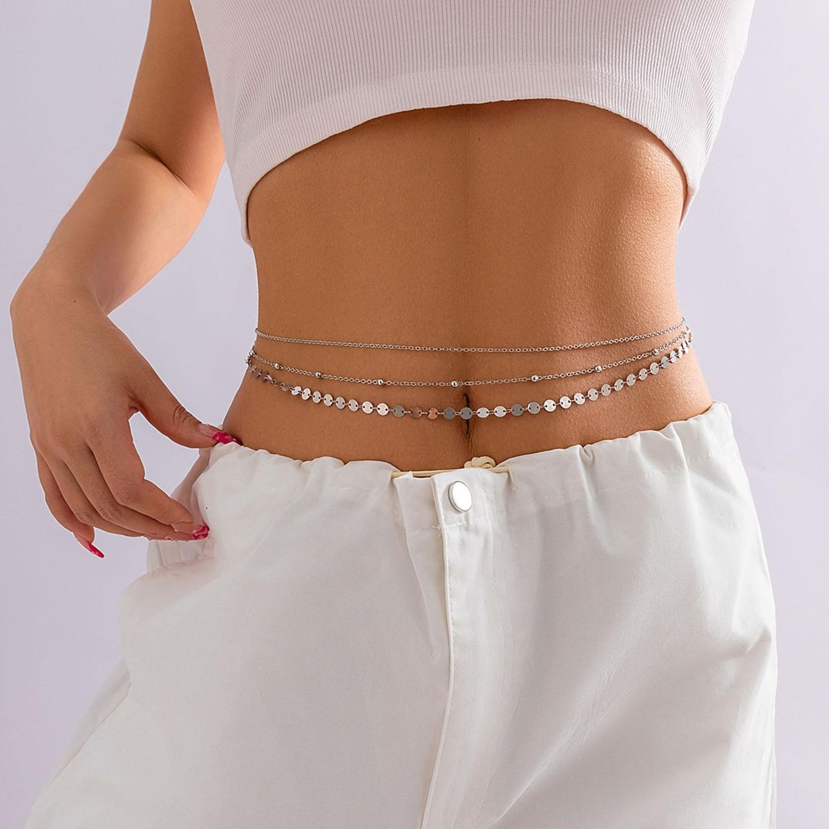 Prom Waist Chain Sparkling Sequin Triple Layer Waist Chain Adjustable Silver