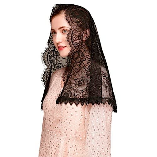 Spanish D Shape Church Veil Head Covering Mantilla -  Rose Floral Lace - Large
