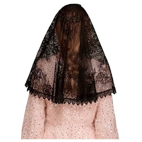 Spanish D Shape Church Veil Head Covering Mantilla -  Rose Floral Lace - Large