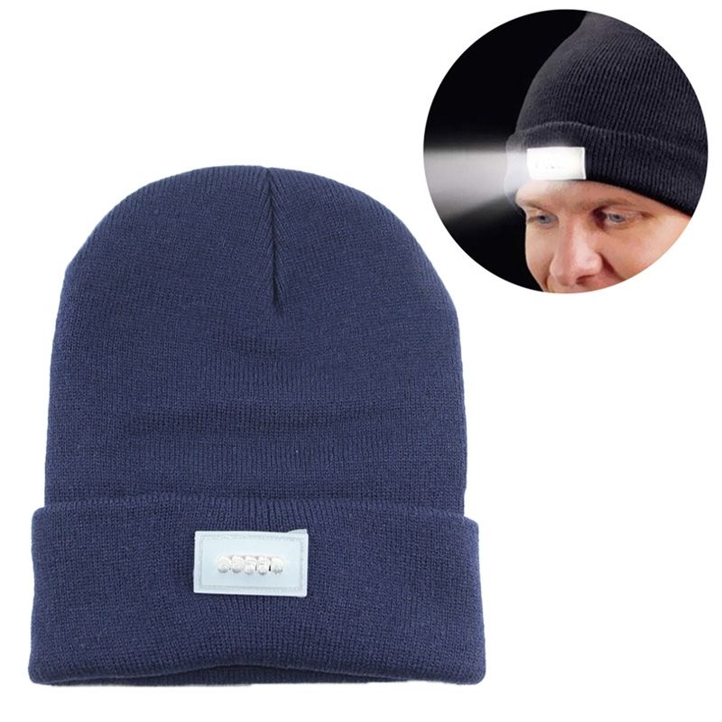 Unisex Warm Winter Polyacrylonitrile Knit Hat Adult Head Cap With 5 LED Light (Navy Blue)