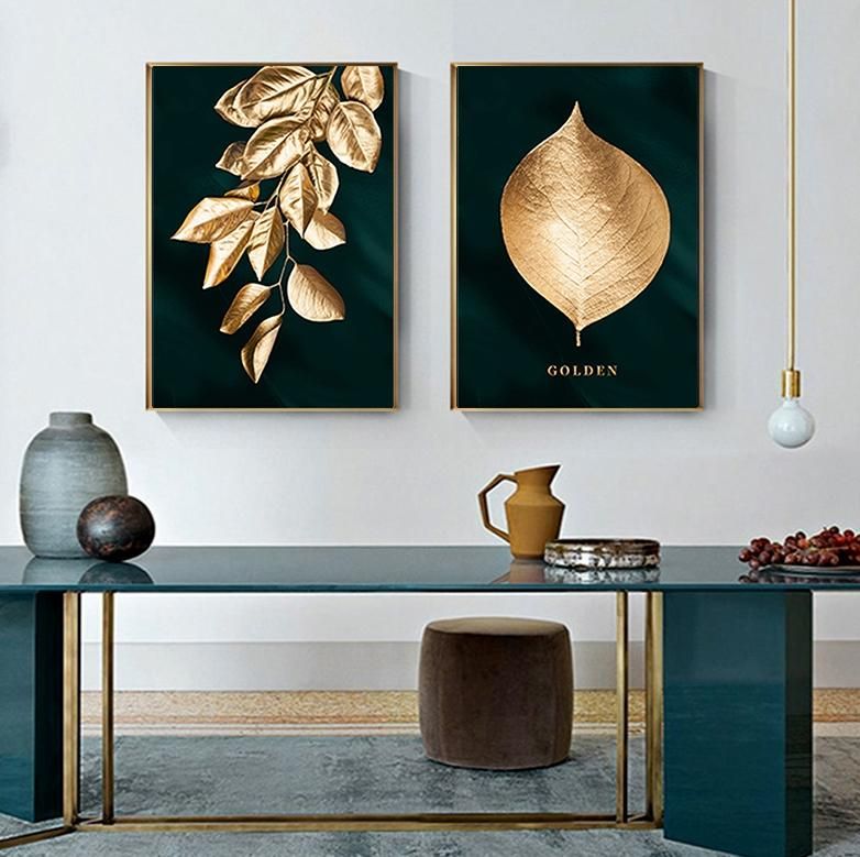 Nordic Triptych Living Room Golden Leaf Painting