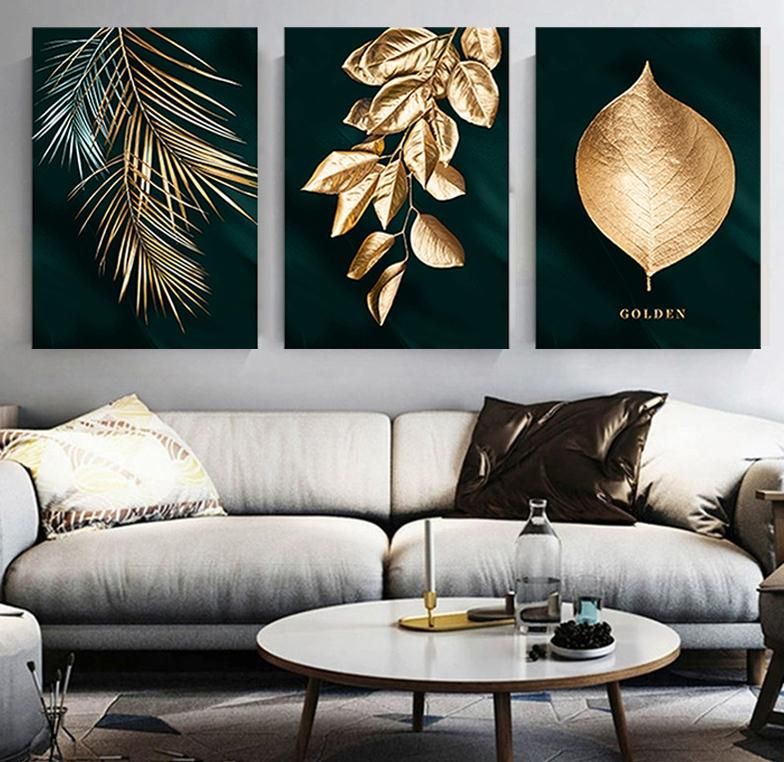 Nordic Triptych Living Room Golden Leaf Painting