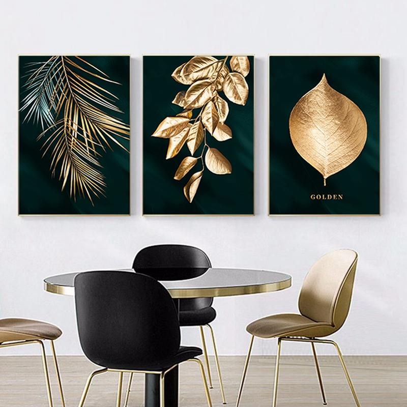 Nordic Triptych Living Room Golden Leaf Painting