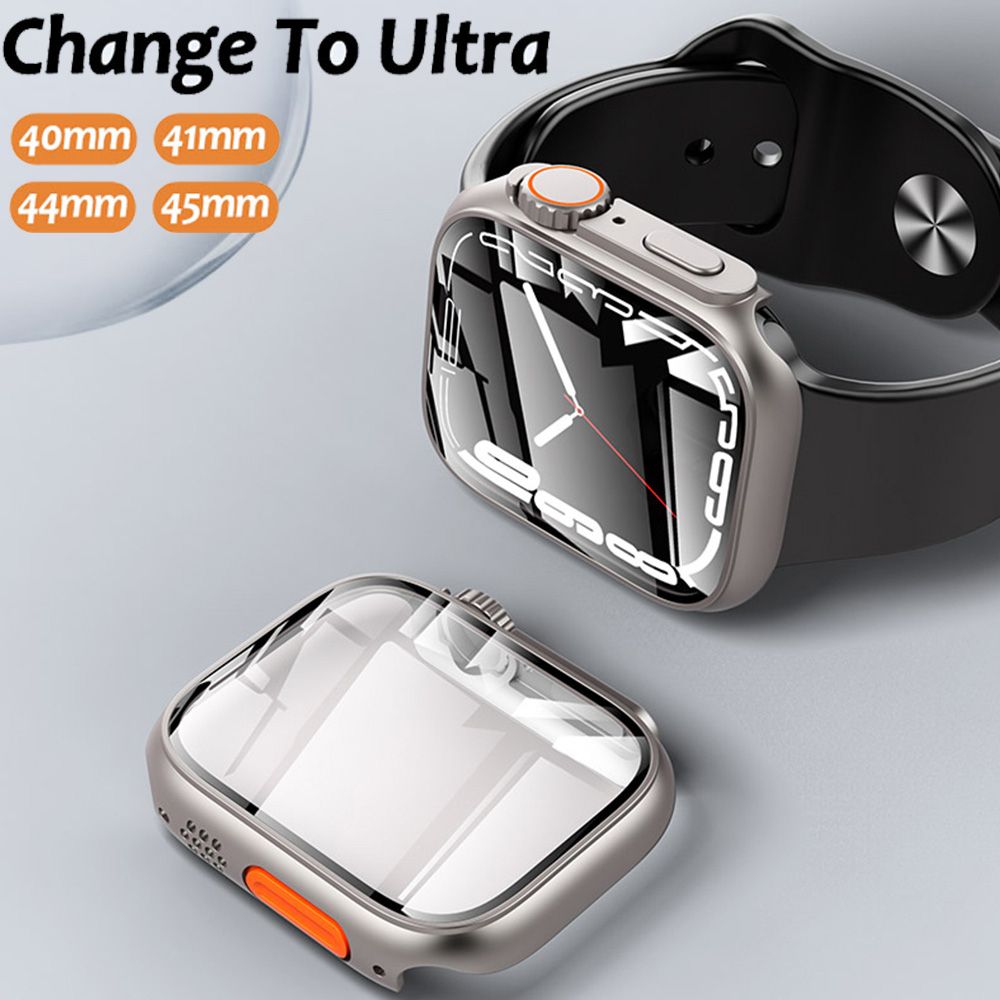 (silvery)Glass+Case For Apple Watch 7 8 45mm 41mm 44mm 40mm Screen Protector Cover Change Ultra Bumper IWatch Series 4 5 6 SE Accessories DOU