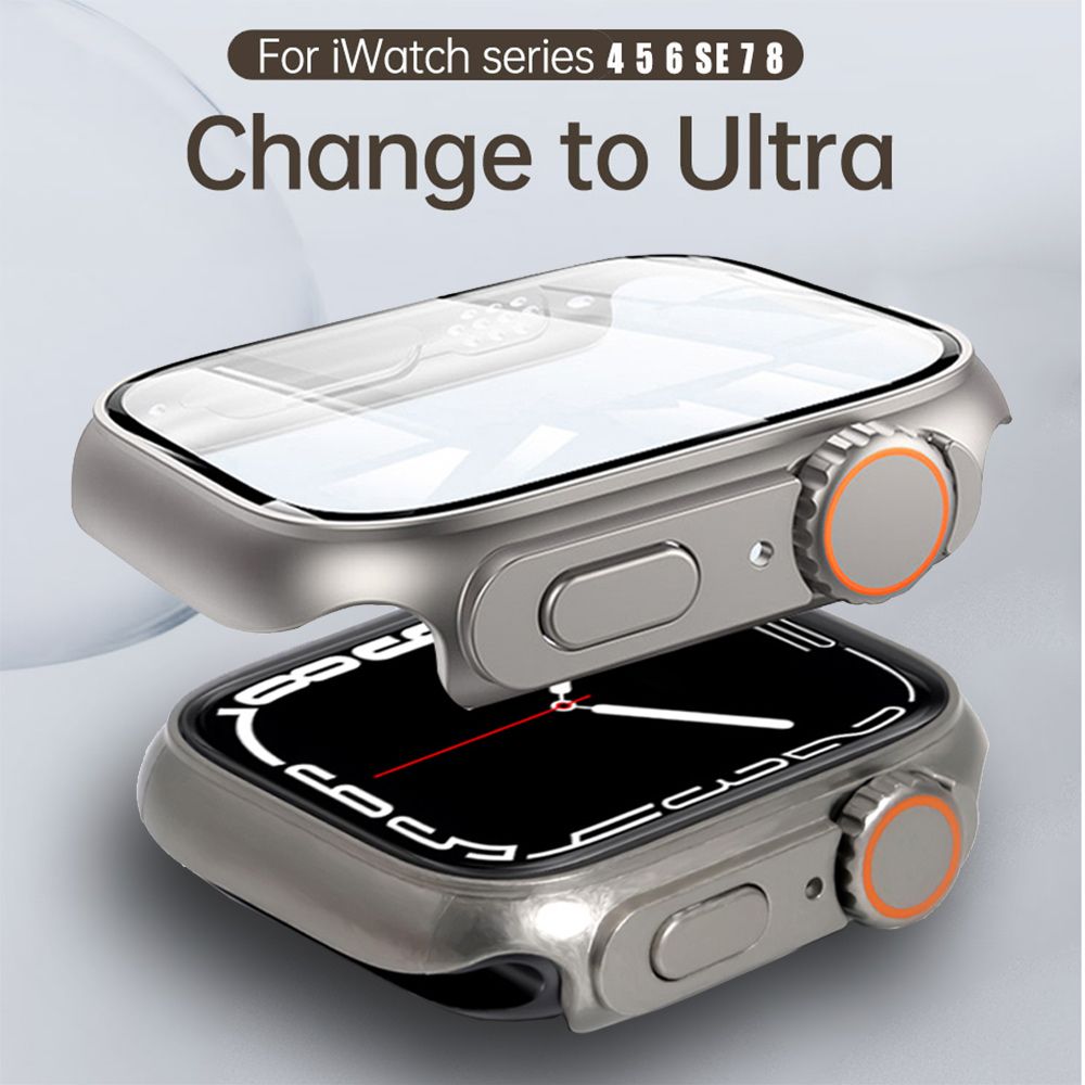 (silvery)Glass+Case For Apple Watch 7 8 45mm 41mm 44mm 40mm Screen Protector Cover Change Ultra Bumper IWatch Series 4 5 6 SE Accessories DOU
