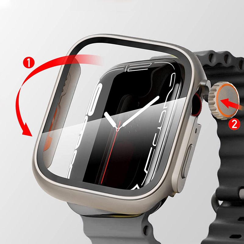 (silvery)Glass+Case For Apple Watch 7 8 45mm 41mm 44mm 40mm Screen Protector Cover Change Ultra Bumper IWatch Series 4 5 6 SE Accessories DOU
