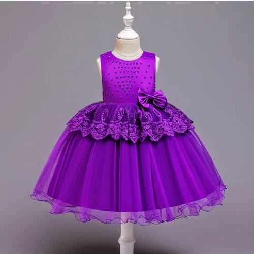 Girl Beaded Bow And Layered Waist Dress - Purple