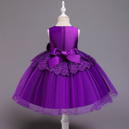 Girl Beaded Bow And Layered Waist Dress - Purple