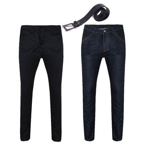 Mens Classic Stone Blue & Stone Black Jeans With Black 100% Leather Belt