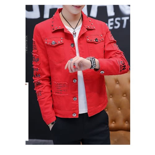 Spring And Autumn Personality Denim Jacket - Red