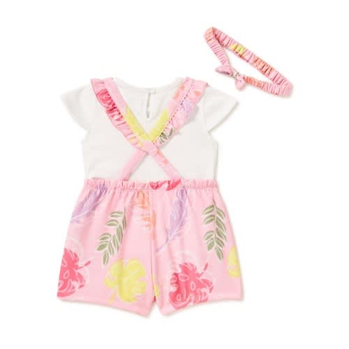 Baby Girls Pinafore Overall, Top & Headband 3 Pieces Outfit Set - Leaves