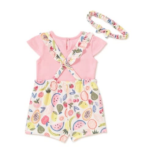 Baby Girls Pinafore Overall - Top & Headband 3 Pcs Outfit Set- Pink Fruits