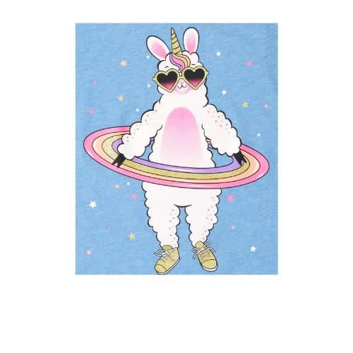 Girl Spinning Llama Corn Glitters Graphic Top - Blue