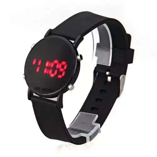 Round Faced Silicone Led Watch - Black