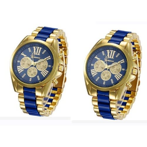 2pcs Full Steel Unisex Bracelet Wristwatch - Gold And Blue