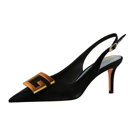 Gold Embellished Satin Pointed Slingback Heels
