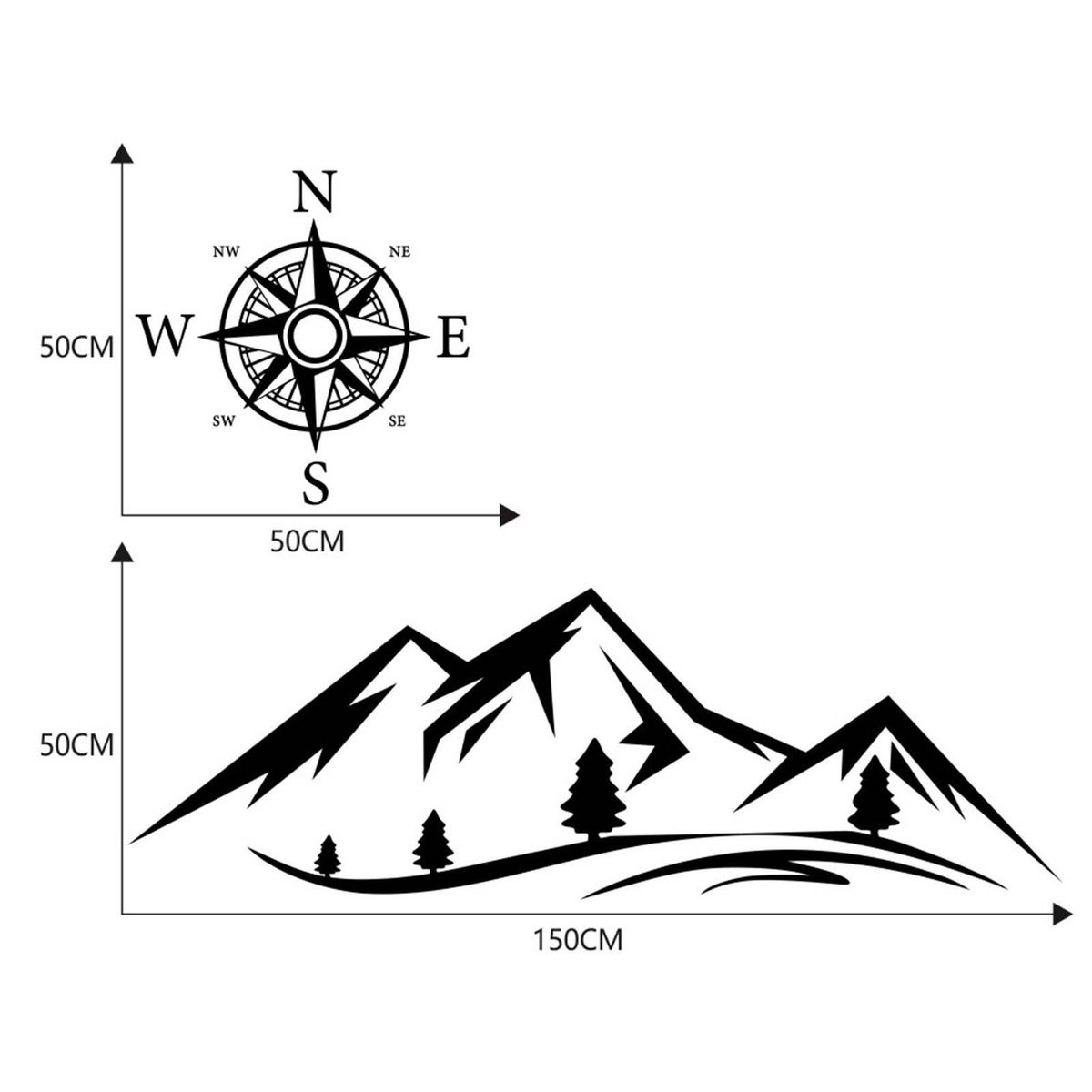 2PCS Car Sticker Mountains NSWE Compass Navigate Style Car Truck Sticker Decal Auto Fashion Decoration 19.7*19.7in 19.7*59in