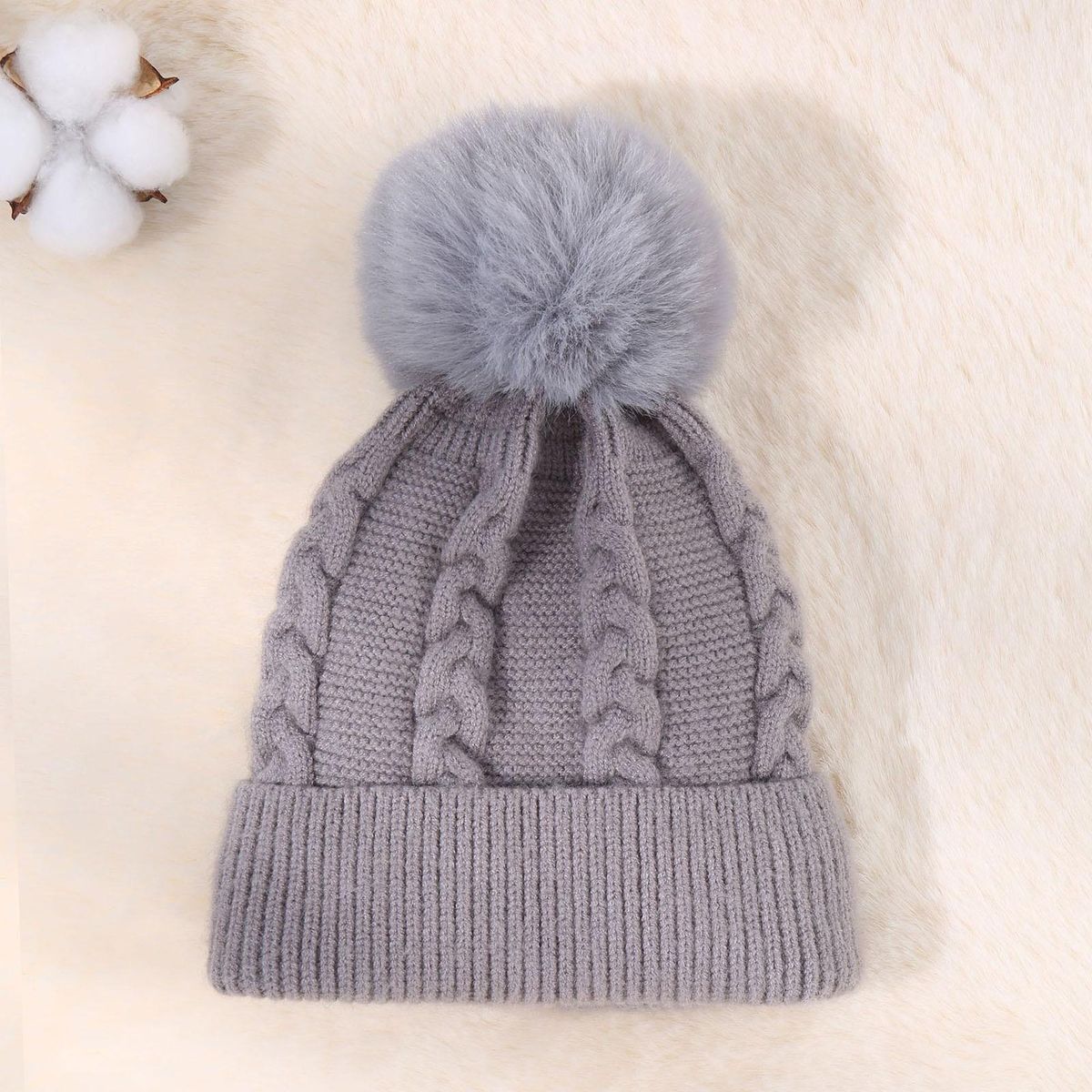 Elastic Baby Knitted Hat Cozykids Winter Beanie with Plush for Babies Grey