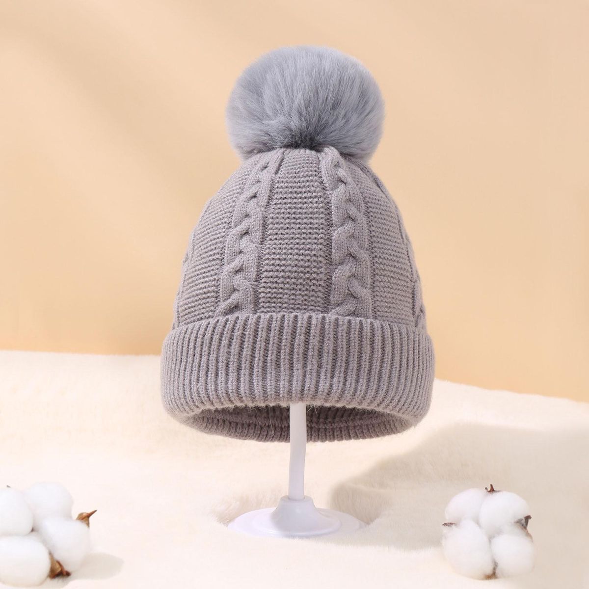 Elastic Baby Knitted Hat Cozykids Winter Beanie with Plush for Babies Grey