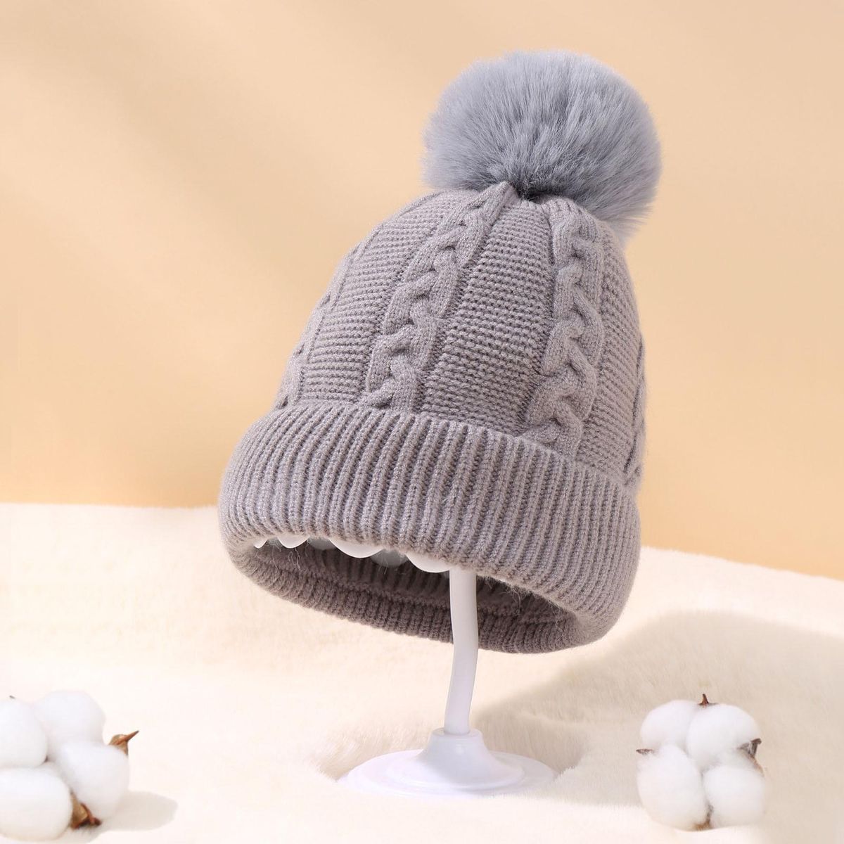 Elastic Baby Knitted Hat Cozykids Winter Beanie with Plush for Babies Grey