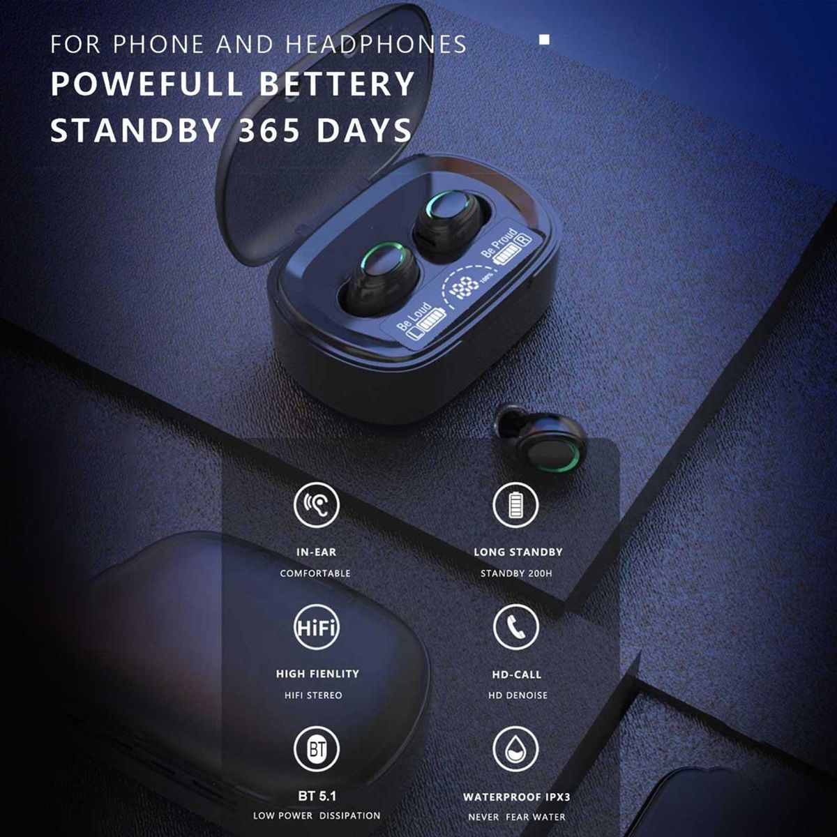 MD06 BT5.1 Wireless Earphones Auto Pairing Shock Bass Noise Reduction IPX3 Waterproof Digital Display