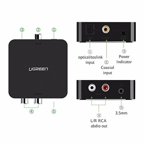 Digital To Analog Audio Converter, DAC, Digital Coaxial And Optical Toslink To Analog 2RCA RCA L/R And 3.5mm Audio Converter Adapter, 5V Power Adapter