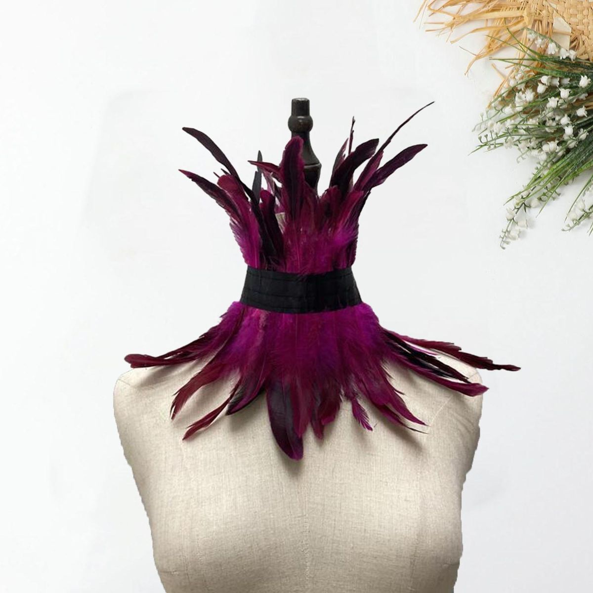 Faux Feather Neck Sleeve Feathered Lace Neck Sleeve Chic for Women Rose Red