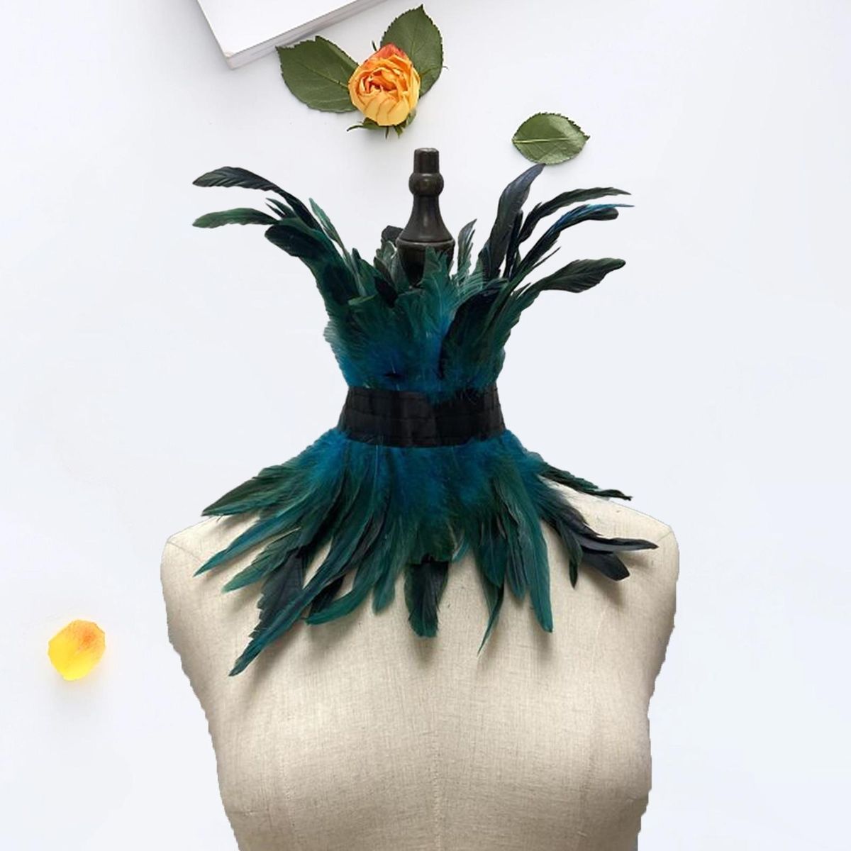 Faux Feather Neck Sleeve Feathered Lace Neck Sleeve Chic for Women Lake Blue
