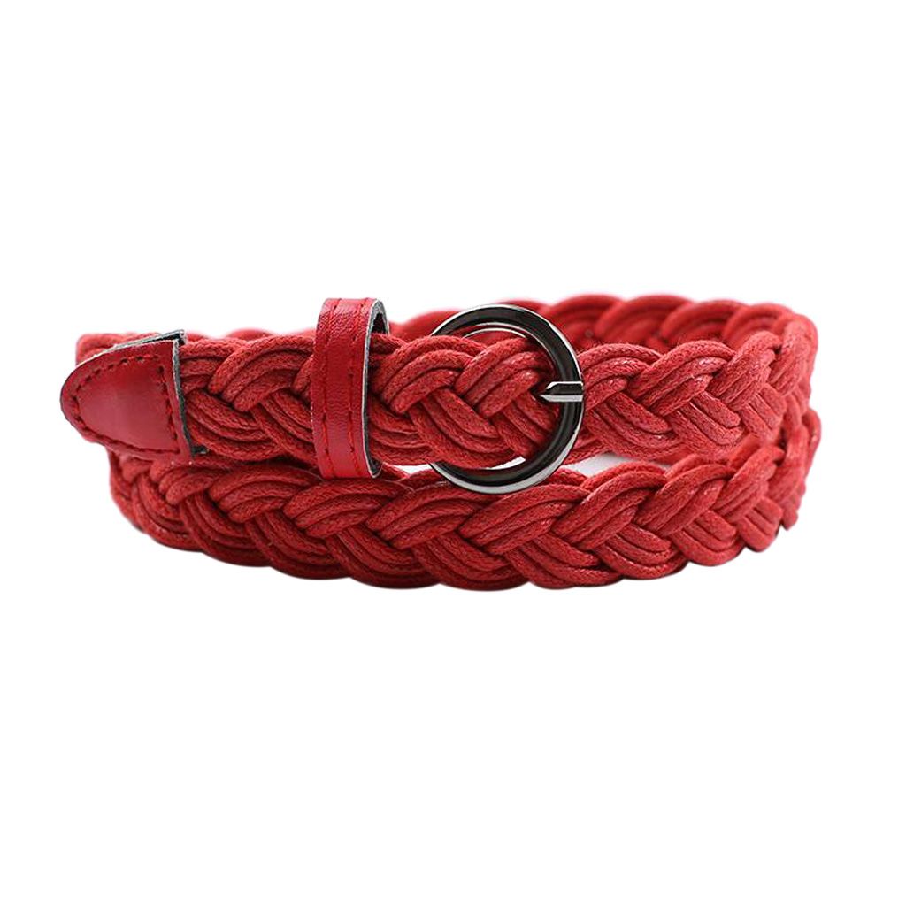Retro Women's Braided Belt Narrow Dress Woven Strap With Buckle Red