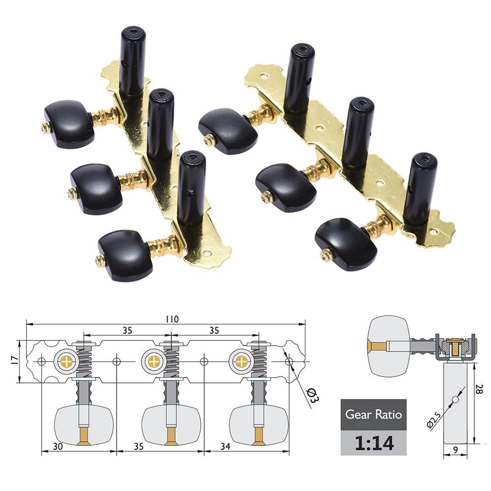 Alice 2 Pcs (L&R) Classical Guitar Tuning Peg Gold and Black Plated Acoustic Guitar Machine Heads 1 : 14 Tuning Keys Knobs String Tuners (AOS-020HV3P)