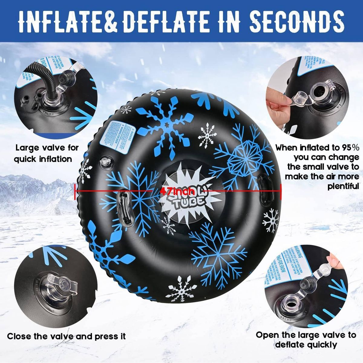 Snow Tube 47 Inch Snow Toys for Kids Winter Inflatable Snow