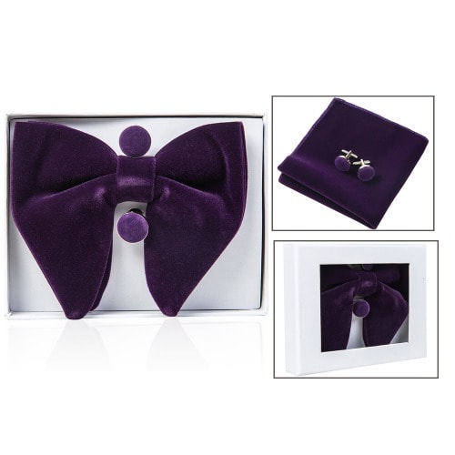 Velvet Bowtie With Cufflinks And Pocket Square  - Purple